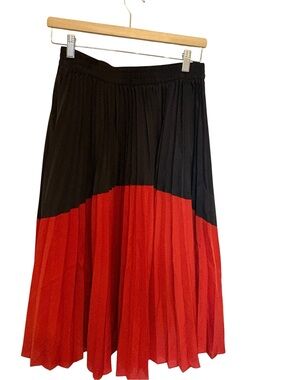 Zara Black & Red Colorblock Pleated Midi Skirt